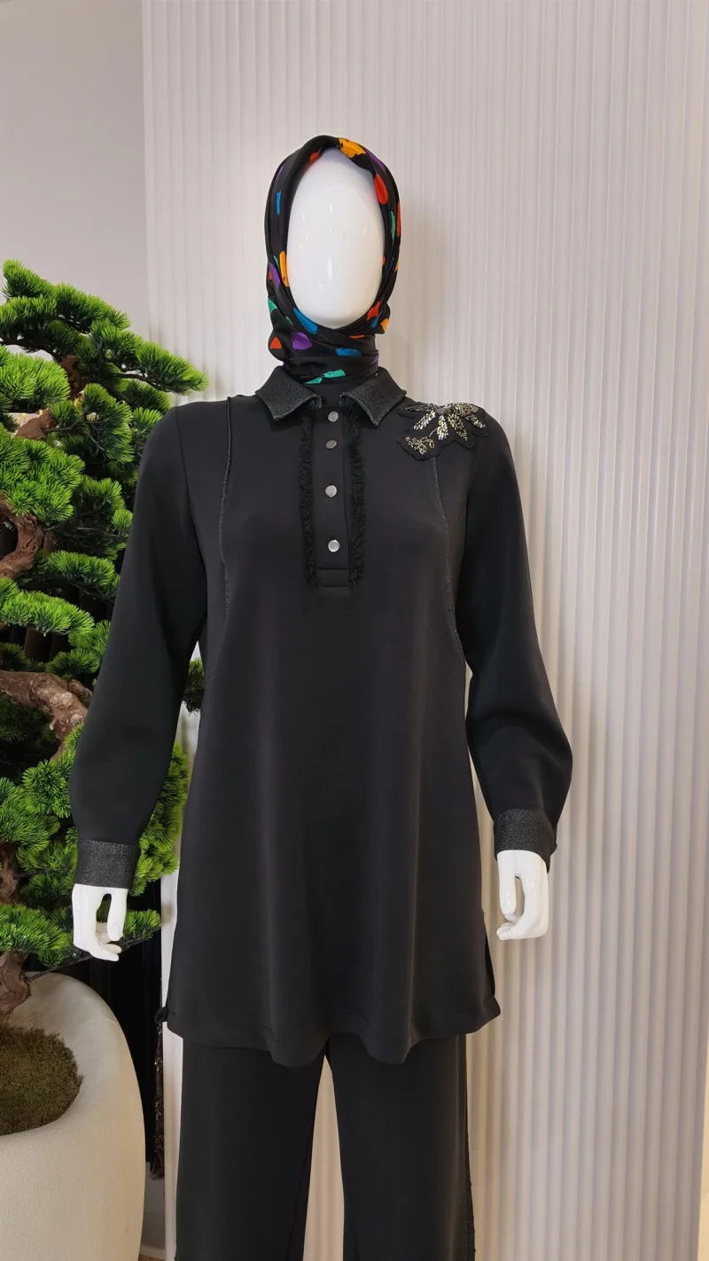 Fuat Gürşen Işıltılı Yaka Detaylı Tunik Pantolon Takım 26K-6214