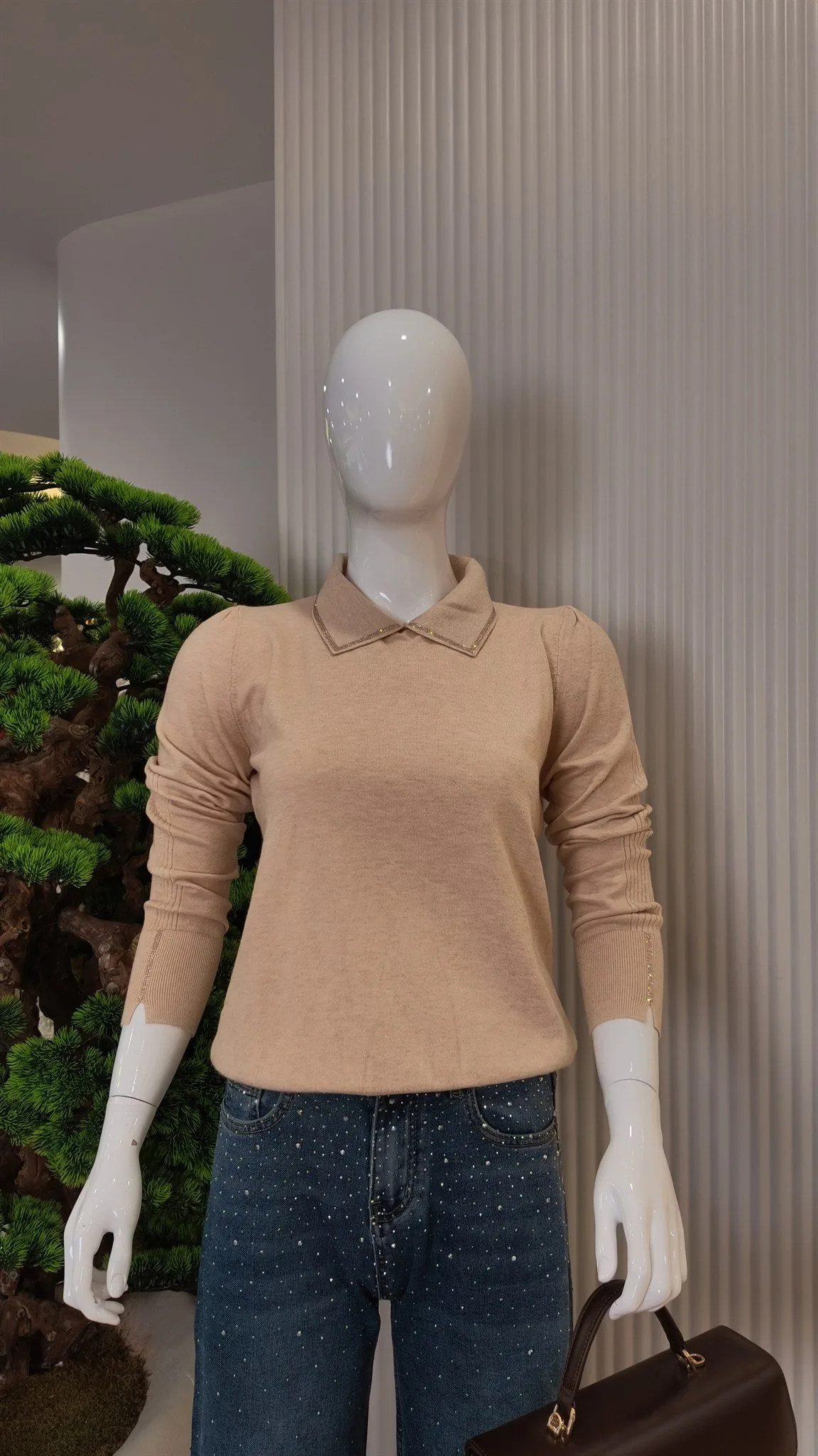 Kazee Polo Yaka Kol ve Yaka Taş Detaylı Triko Kazak 32202