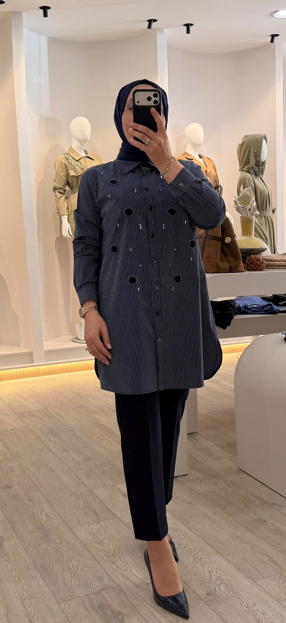 Fuat Gürşen Boncuk ve Taş Detaylı Çizgili Koton Tunik 26K-6302