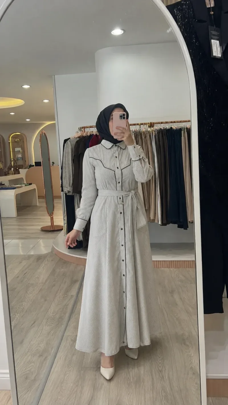 NPrive Biyeli Detaylı Çizgili Elbise 13270
