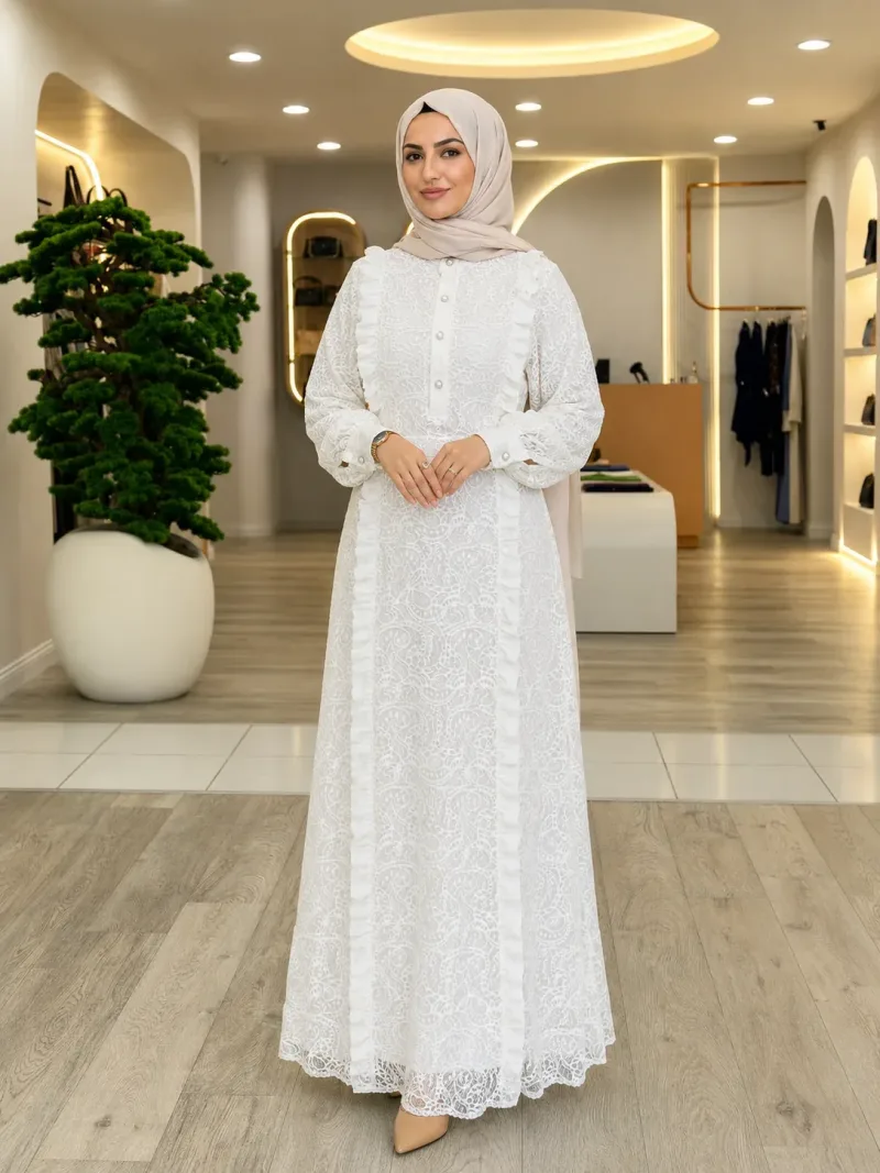 NPrive Ekru Dantel Şifon Detaylı Elbise 13300