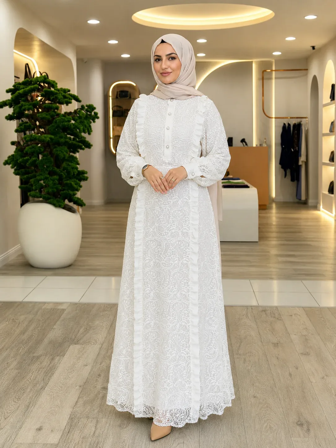 NPrive Ekru Dantel Şifon Detaylı Elbise 13300