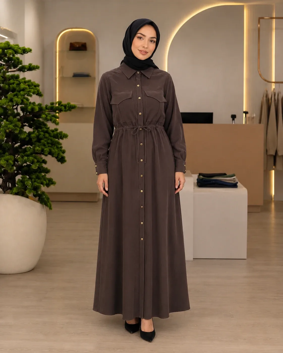 NPrive Kahve Modal Giy-Çık Elbise 13295 - Düğmeli Elbise