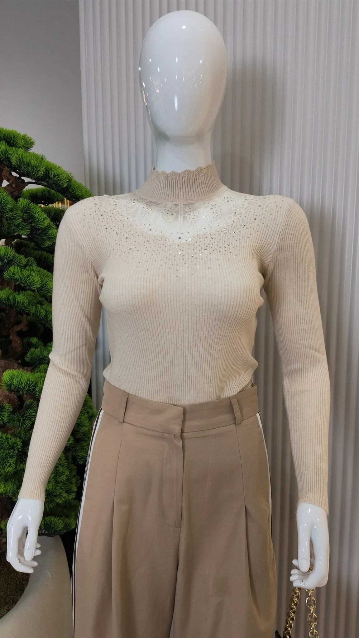 Olls Dantel ve Taş Detaylı Triko Kazak 57634