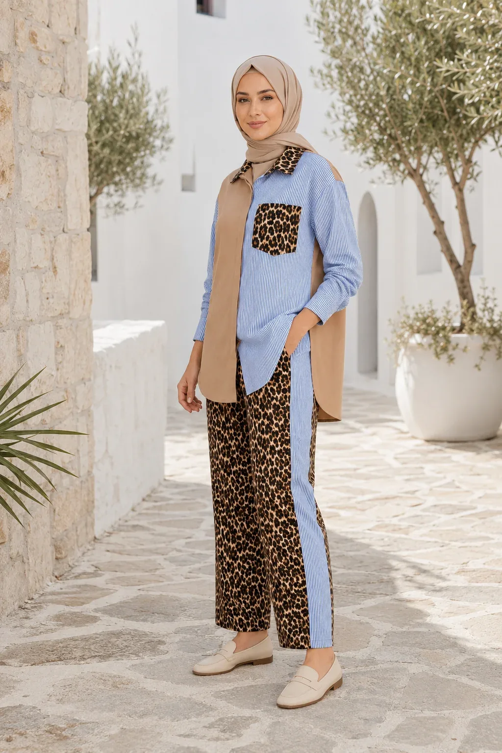 Olls Leopar Detay Çizgili Gömlek Pantolon Takım 183-094