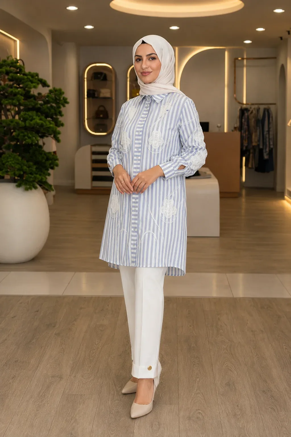 Pureva Aplikeli Çizgili Pamuk Tunik 3168