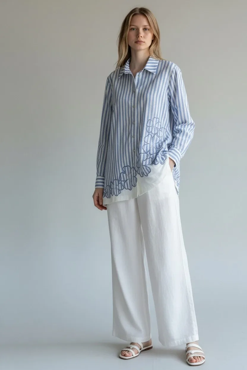 Pureva Cotton Nakışlı Tunik Tencel Pantolon Takım - Pureva 3195