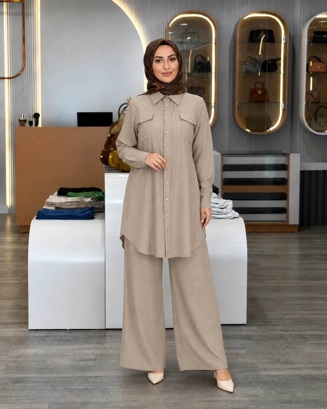 Pureva Metal Düğmeli Tunik Pantolon Takım 3225