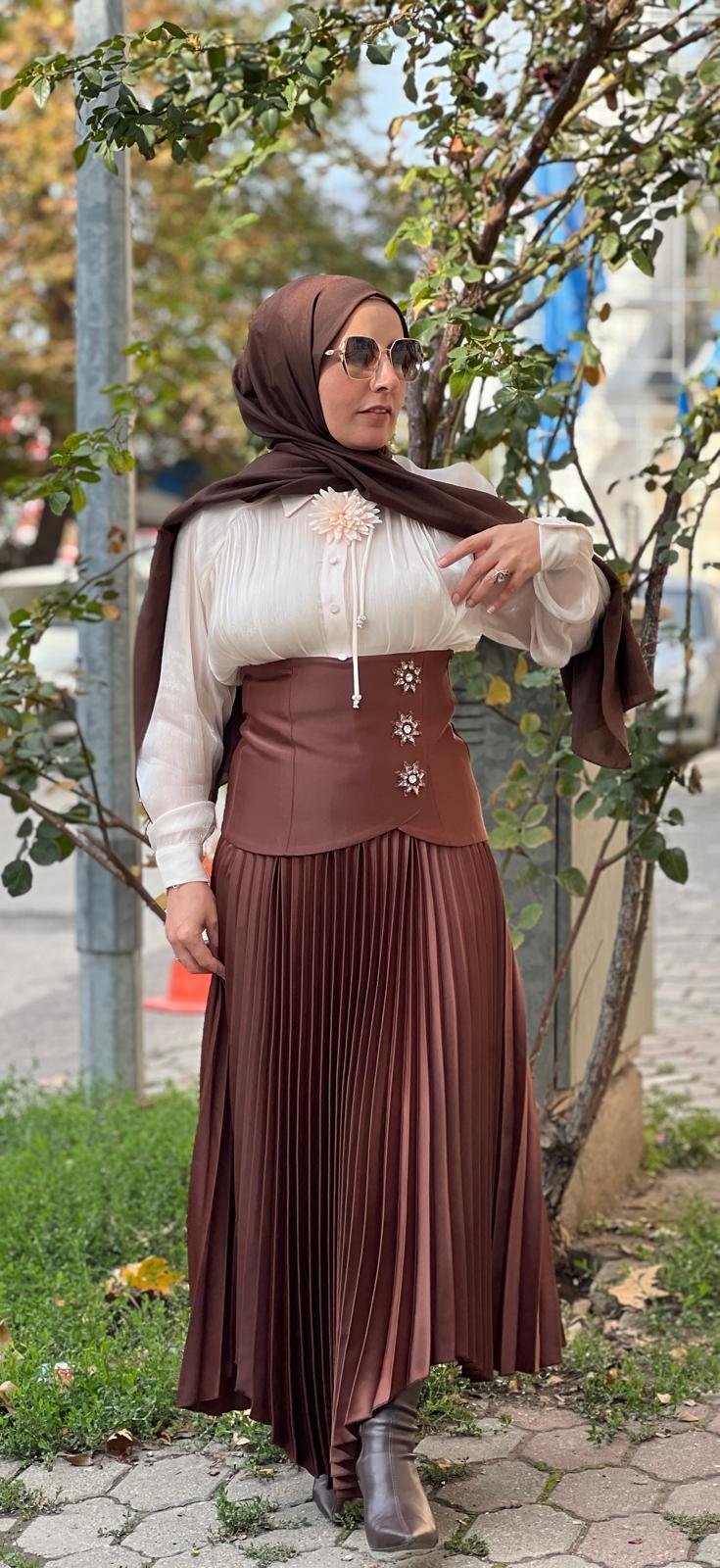 Serpil Deri Görünümlü Saten Pileli Etek 40988